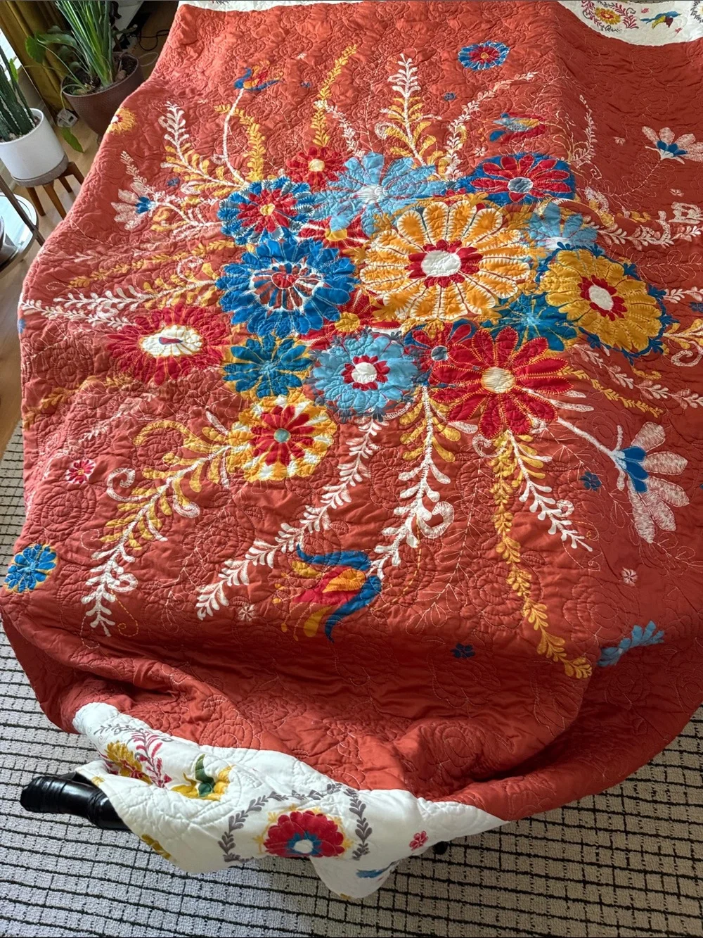 King size, Handcrafted Floral Quilt - Rust and White, multi colored